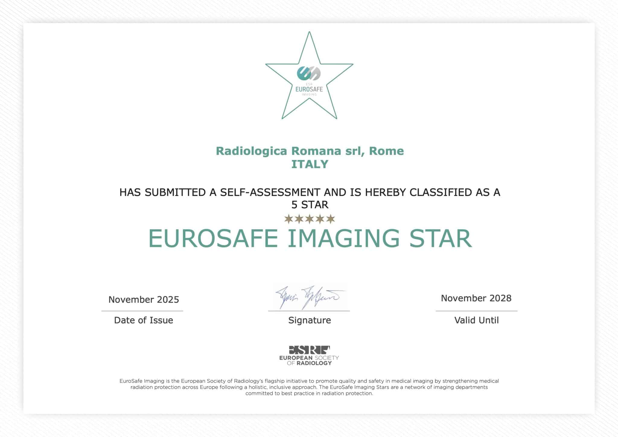 Radiologica Romana ottiene la certificazione EuroSafe Imaging a 5 stelle